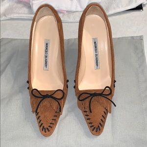 Manolo Blahnik suede fringe with bow heels